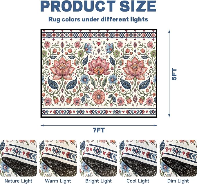 5'x7' Boho Floral Area Rug Vintage Colorful Botanical Carpet Non-Slip Washable Rugs for Bedroom Living Room Nursery Kitchen Playroom Home Decor