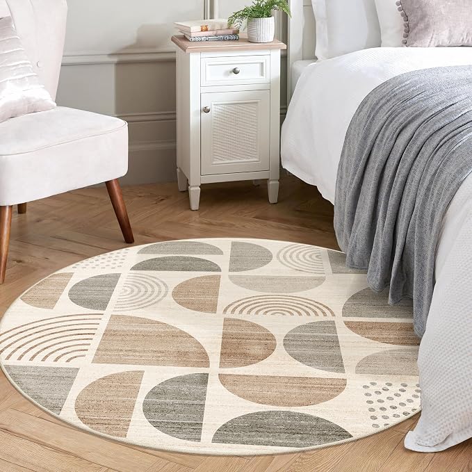 MUJOO Round Rug 4ft,Small Circle Area Rug Washable,Circular Rugs for Entryway Bedroom Kitchen,Boho Non Slip Throw Floor Carpet Modern Abstract Bohemian Neutral Beige