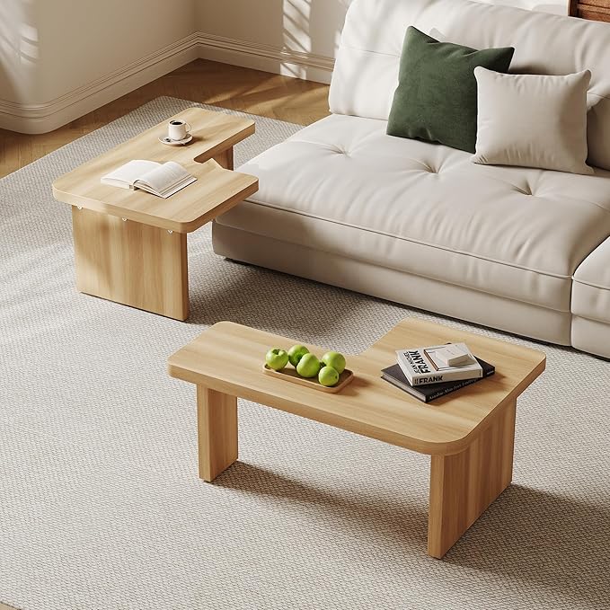 Modular Modern Coffee Table for Living Room, Free Adjustable Shape, Minimalist Square Living Room Tea Table, Light Wood Nesting Table Set of 2