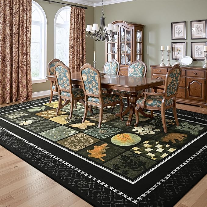 Tepook 4x6 Area Rugs for Living Room, Modern Large Geometric Rug for Bedroom, Washable Patchwork Rug Indoor Non Slip Throw Carpets for Dining Room Office Farmhouse Home Decor, Black