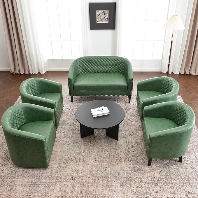 KINWELL 50" Faux Leather Upholstered Loveseat Sofa with 2 Swivel Barrel Accent Chairs, Minimalist Comfy 2-Seater Couch and Armchair for Small Spaces Apartment, Green