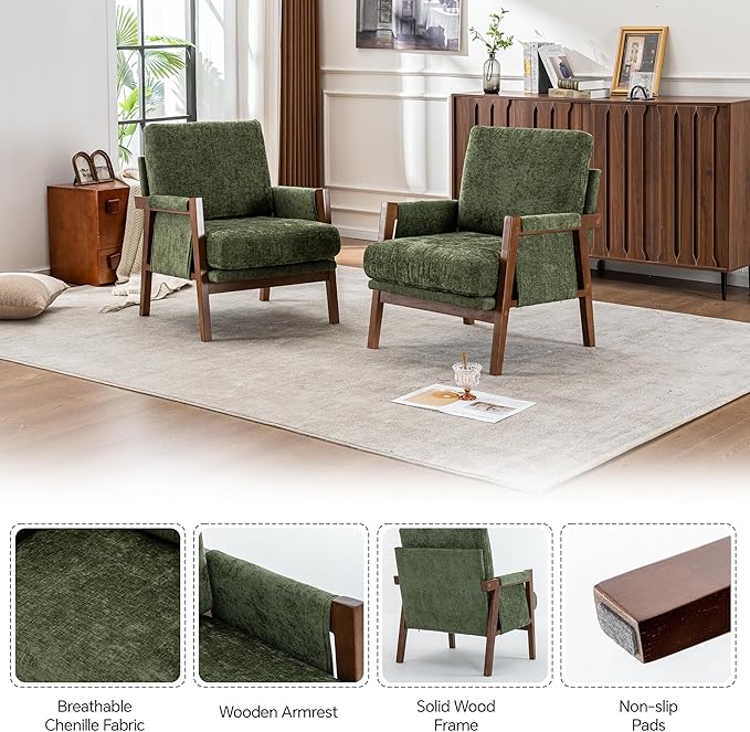 Mid Century Modern Accent Chair with Wood Frame, Upholstered Living Room Chairs with Wide Armrest, Chenille Fabric Comfy Arm Chair for Bedroom, Reading Room, Balcony (1, Green)