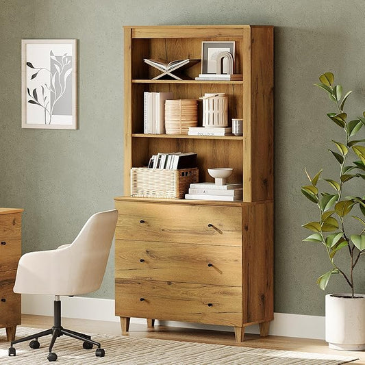 WAMPAT 71" Tall Bookcase with 3 Drawers & Open Shelves, Modern 3-Tier Bookshelf with Adjustable Shelf, Floor Standing Wooden Display Book Shelf for Home Office, Living Room, Bedroom, Oak Brown