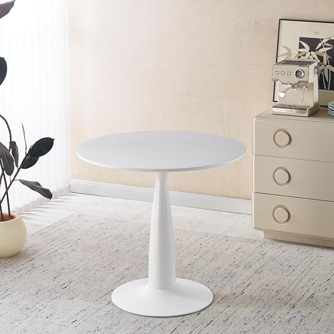 31.5 Inch Round Pedestal Dining Table for 4 to 6 Person Mid Century Modern Tulip Table MDF Top with Metal Base for Living Room Kitchen Office, White