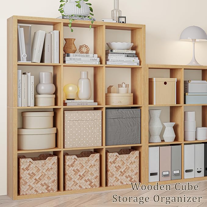 VDNEND Cube Storage Organizer Bookcase, Decorative 11 inch Open Back Cubical Shelf with Thickened Border, Display Bookshelf for Living Room, Home Office, Sturdy Room (Natural Oak, 12 Cube)