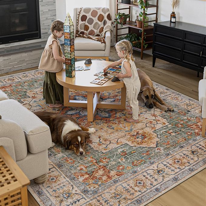 Area Rug 8x10 Vintage Rug: Large Washable Indoor Medallion Rugs Low Pile Distressed Floor Carpet Retro Accent Rug for Living Room Bedroom Kitchen Dining Table Home Office(Green/Yellow, 8'x10')