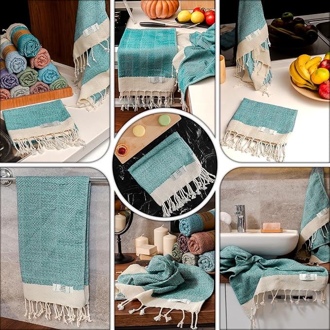 Hand Towels - Set of 2 | 18" x 30" - Decorative Turkish Hand Towel for Bathroom, Kitchen, Guest, Face, Hair, Tea, Dishcloth (Herringbone, Turquoise)