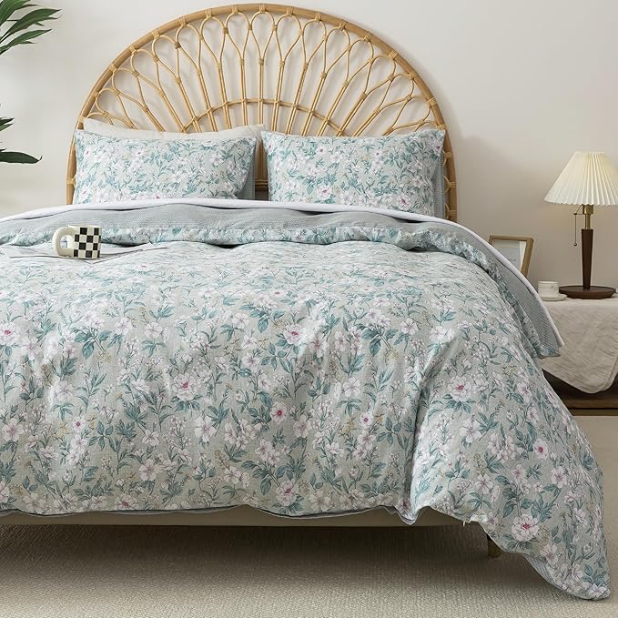 HoneiLife Wildflower Duvet Cover Queen - 100% Cotton Comforter Cover 3-PC, Botanical Bedlinen Set with Zipper Closure & Corner Ties, Floral Comforter Cover Sets, Greenery