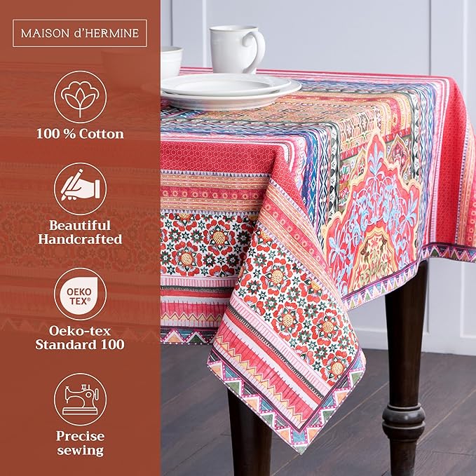 Maison d' Hermine Table Cloth Square Table 100% Cotton 60 x 60 Inches Fall Tablecloth Reusable Everyday Use for Thanksgiving Christmas Decorations Dining Farmhouse Party (Ispahan)