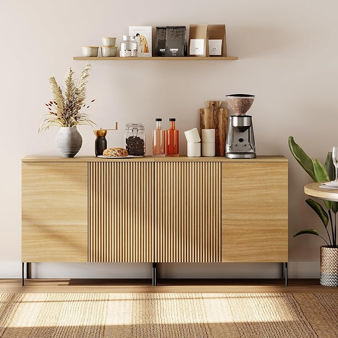 WAMPAT 63" Sideboard Buffet Cabinet with 4 Doors and Adjustable Shelves, Fluted Storage Cabinet, Modern Credenza Coffee Bar Wine Bar Table for Kitchen, Dining Room, Living Room,Oak