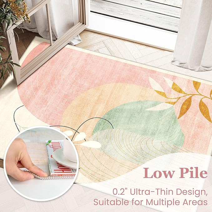 MUJOO 2x3 Washable Rug Small Area Rugs for Entryway Kitchen Bedroom,Boho Non Slip Throw Carpet for Bathroom Entrance Door Mat Mid Century Modern Abstract Botanical Geometric Accent Pink