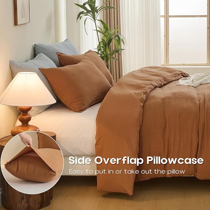 Simple&Opulence Linen Muslin Duvet Cover Set King Size, 3Pcs Rust Linen Cotton 3-Layer Gauze Minimalist Comforter Cover 104”x92”, Ultra Soft Breathable Seersucker Bedding Set with 2 Pillowcases
