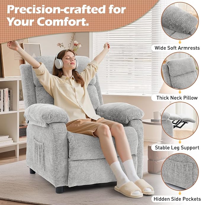 Korser Recliner Chair, Living Room Chairs for Adults, Padded Deep Seat Reading Chair with Side Pockets, Small Recliners for Small Spaces, Lounge Chair for Living Room, Bedroom, and RV (Chenille)