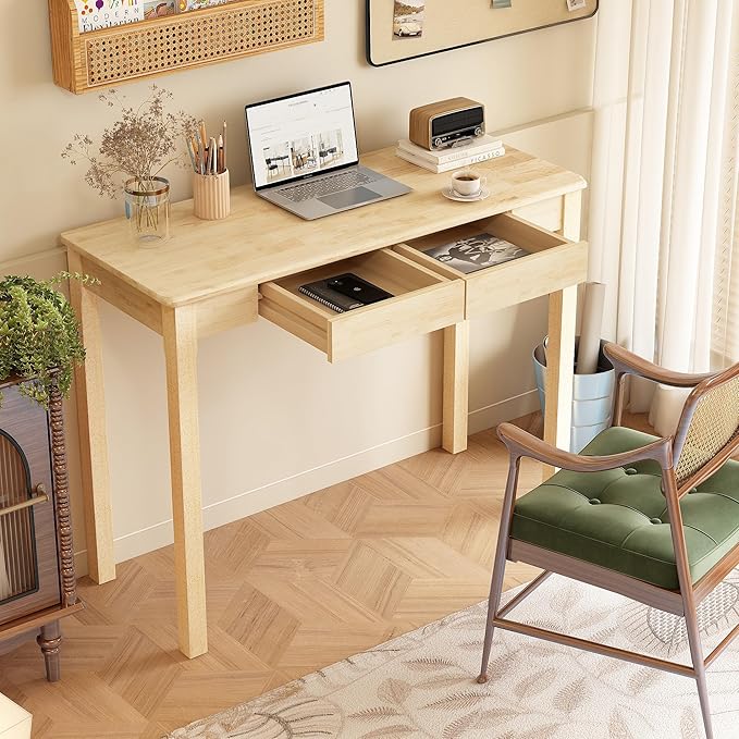 Solid Wooden Desk with Drawers - 39 x 16 Inch Rubberwood Narrow Desks, Simple Modern Study Table, Small Writing Desk for Bedroom|Small Spaces - Natural Boho Desks
