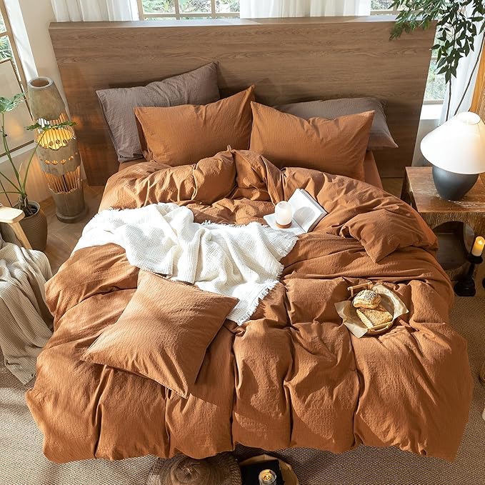 MooMee Wavy Striped Duvet Cover Set 100% Washed Cotton Linen Like Textured Breathable Durable Soft Comfy (Dark Orange, Cal King 104"x98")