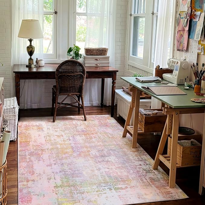 Kokia Abstract Area Rugs Living Room Washable Low Pile 4x6 Non-Slip Indoor Decor Pink Orange Carpet Foldable Stain Resistant Ombre Rugs Bedroom Dining Room, Oslo Liora