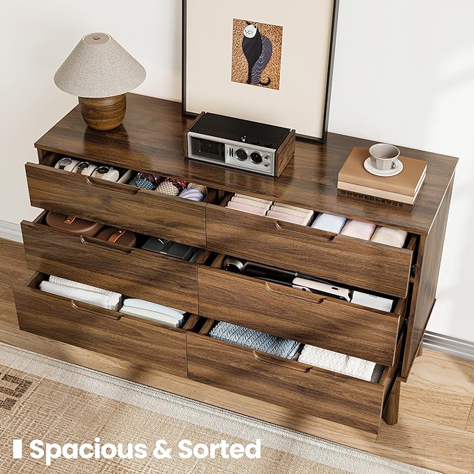 47" Wide Wooden Dresser for Bedroom, Mid-Century Modern 6 Drawer Double Dresser with Natural Wood Grain, Large Horizontal Storage Chest for Living Room, Anti-Tip Kit, Dark Walnut