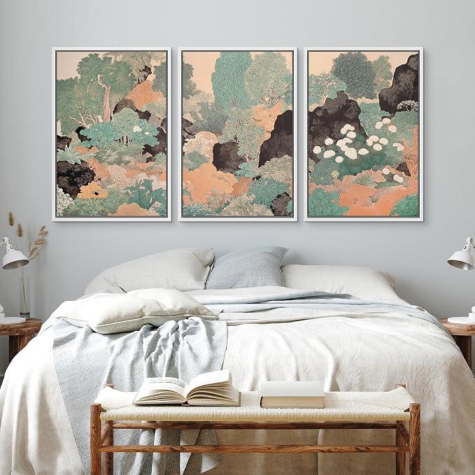 wall26 Framed Print Wall Art Set Vintage Japanese Garden Landscape Decorative Minimal Relax/Zen for Living Room, Bedroom, Office - 24"x36"x3 WHITE