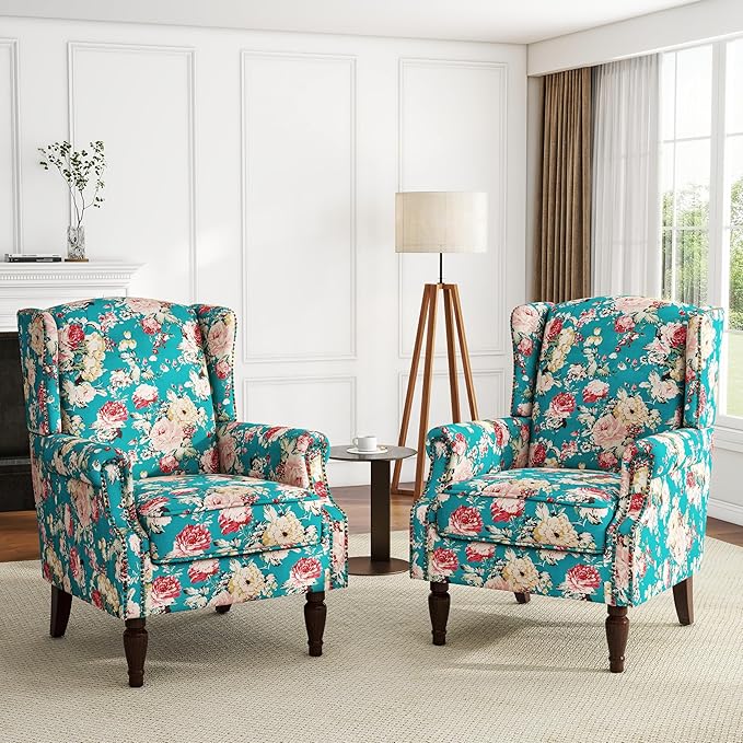 High Back Floral Accent Chairs Set of 2, Upholstered Armchair in Fabric, Retro Printed Wingback Arm Chair for Living Room, Nailhead Trim Single Sofa Bedroom Reading Seat - Peacock Blue