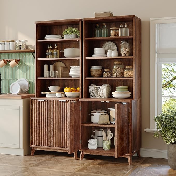 DurayLoly 6-Tier Bookshelf, Modern Bookcase with Fluted Doors & Adjustable Shelves, Mid-Century Cabinet, Wooden Book Shelf for Home Office, Living Room, Kitchen, Walnut