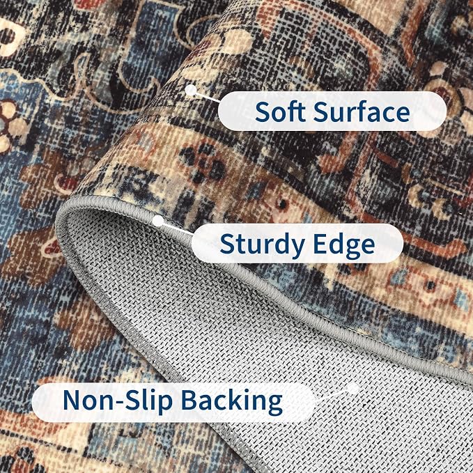 Washable 4x6 Area Rug Boho Vintage Floral Small Carpet Low Pile Soft Bedroom Carpet Non Slip Office Rugs Non Shedding Floor Covers for Nursery Kitchen Dining Living Room Blue Brown