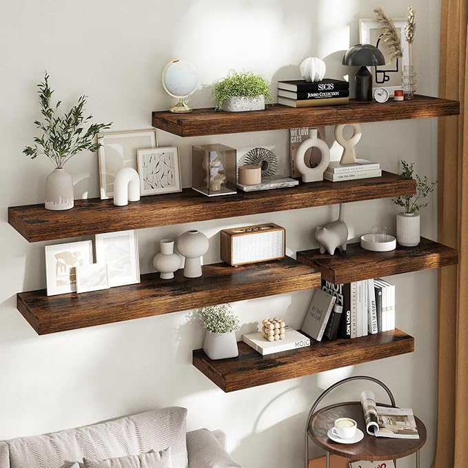 12" Deep Floating Shelves for Wall with Invisible Brackets, Wall Mounted Engineered Wood Shelves with Wood Grain for Living Room, Bedroom, Kitchen Decor and Storage, 48"L Set of 1, Rustic Brown
