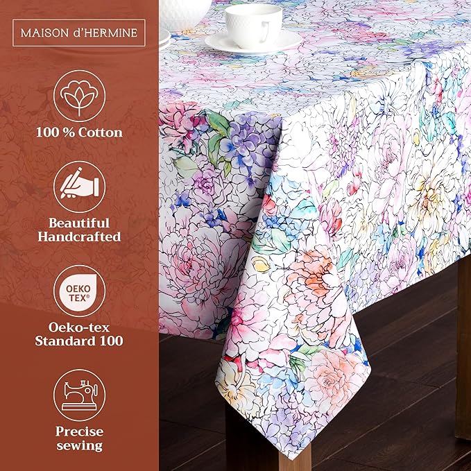 Maison d' Hermine Table Cloth Rectangle Table 100% Cotton 70 x 90 Inches Tablecloth Reusable Decorative for Dining Room Farmhouse Home Valentines Day Decorations Spring Summer - Floral Love