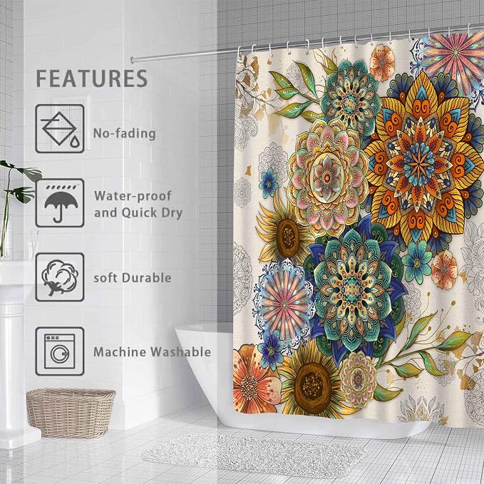 Mid Century Abstract Boho Aesthetic Shower Curtain Set, Green Nature Leaf Sun Modern Minimalist Home Bathroom Curtain Decor with 12 Hooks 72 Inch Wide * 72 Inch High