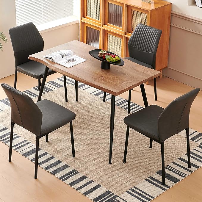 Dining Table Set for 4, Modern Wood Irregular Rectangle Dining Table,Leather Dining Chairs 4,Table and Chairs Set of 4 for Kitchen Dining Room, Dark Grey