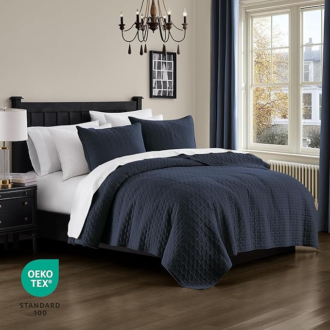 palassio Navy Blue 100% Cotton Quilt King Size Bedding Sets with 2 Pillow Shams, Textured Lightweight Soft Bedspread Shabby Chic Coverlet, Quilted Comforter Bed Cover for All Season, 3 Pieces