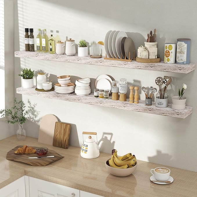 55 Inch Floating Shelves for Wall 2 Pack, 55" Wall Shelves for Books, Storage, Decor, Wall Mounted Floating Shelf with Invisible Brackets for Kitchen, Living Room, Rustic