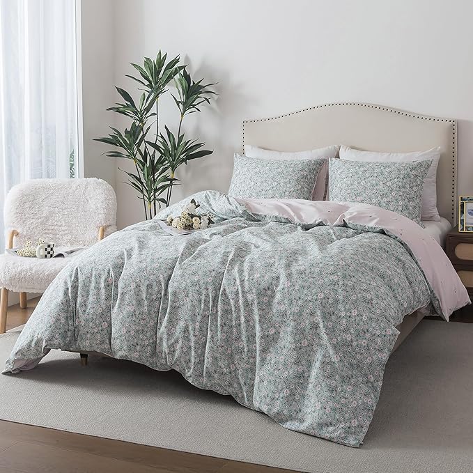 HoneiLife Cotton Floral Duvet Cover Sets, Light Green with Zipper Closure & Corner Ties, 3-Piece Soft & Breathable Comforter Covers Queen Size