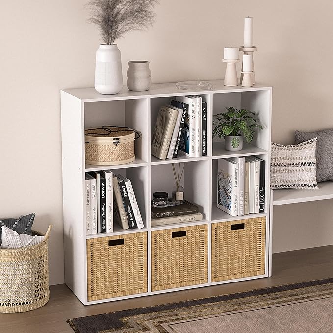 Wooden 9 Cube Storage Organizer with Closed Back Panel,White Cube Shelf Cubby Storage Organizer with Compartments for Living,Bookshelf, Easy to Install (White, 9 Cube-11in)