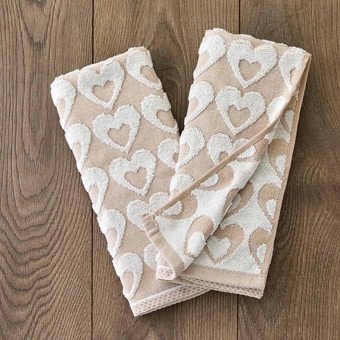 SKL Home Valentine's Day Hearts Jacquard 100% Cotton Reversible 2pc Hand Towel Set, Decorative for Bath/Kitchen/Bar & Gift, Tan