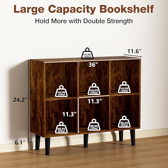 6 Cube Bookcase, Wooden Book Shelf Cube Storage Organizer with Legs, 2 Tier Bookshelf Freestanding Open Shelves for Home Office, Living Room, Bed Room (Brown, 6 Cube Horizontal)