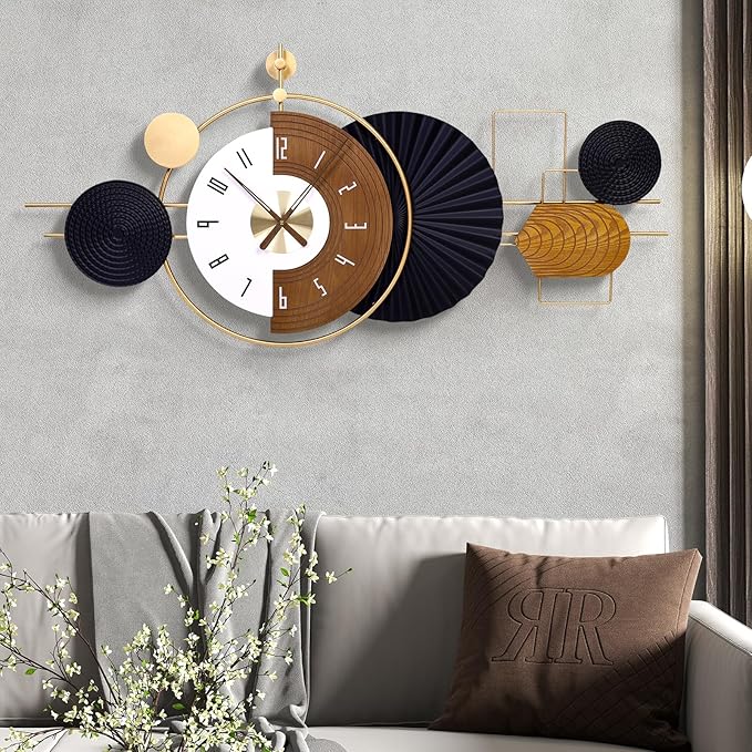 47X21.6inch Extra Large Wall Clock Battery Operated Decorative Modern Clocks for Living Room,Luxury Geometric Wall Clock Artistic Iron Wood Clocks for Suitable for Bed Room, Kitchen, Office