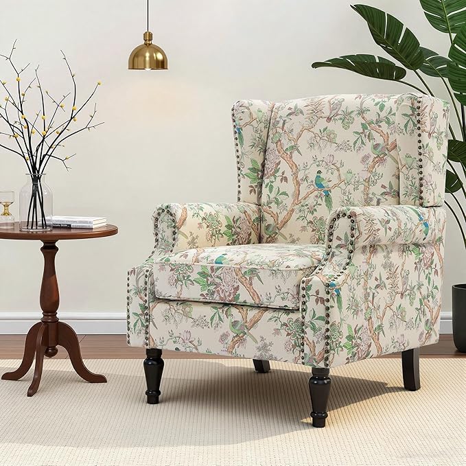 Wingback Chair, High Back Floral Accent Chair in Fabric, Comfy Upholstered Armchair with Nailhead Trim for Living Room, Single Sofa Reading Chair for Small Spaces, Bedroom-Bird