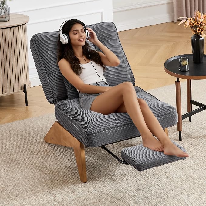 Accent Chair with Ottoman Adjustable Backrest, Stripe Living Room Chair Indoor Lounge Chair with Build-in Footrest Set, Modern Chair Cozy Reclining Chair for Reading Room, Grey