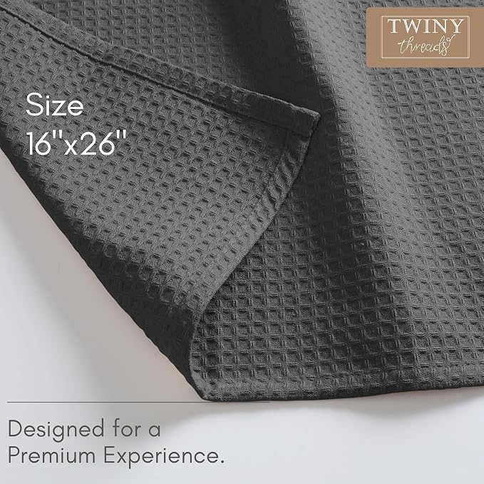 TWINY threads Kitchen Towels Set of 12, 100% Soft Cotton Waffle Weave Dish Towels, Tea Towels with Hanging Loop, Resuable Bar Towels for Table Cleaning, Dinning, Parties- 16"X 26" - Grey