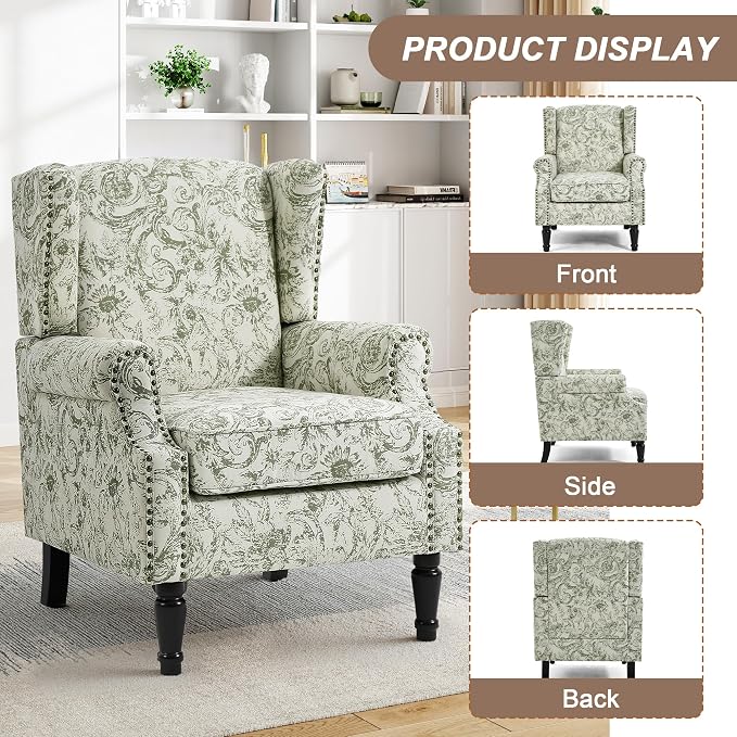 Pia Ricco High Back Floral Accent Chair - Retro Wingback Upholstered Armchair with Nailhead Trim, Solid Wood Legs, Fabric Living Room Bedroom Reading Chair (Plants Green)