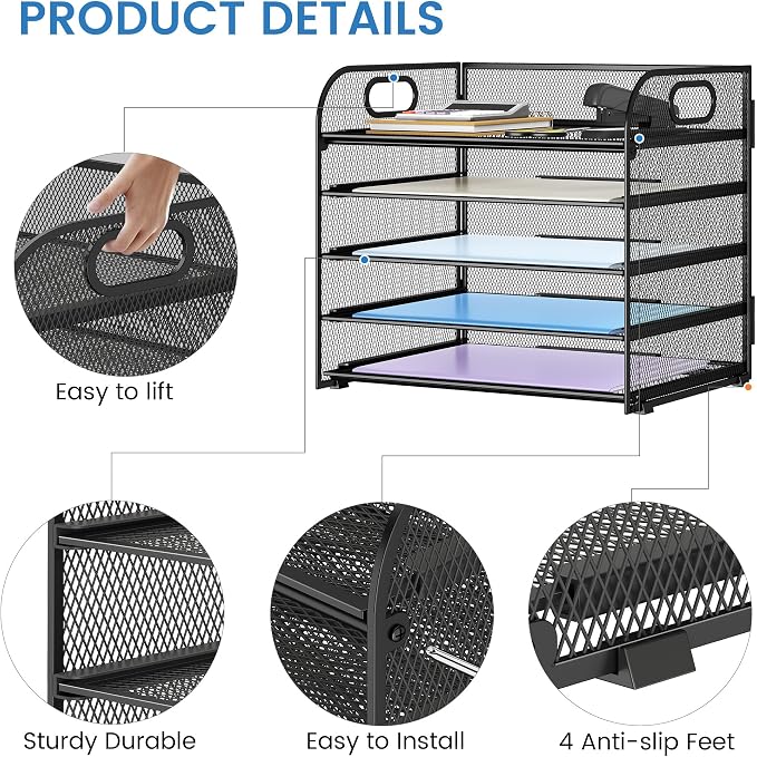 Paper Organizer Letter Tray with Handle Mesh 5 Trays Desk File Organizer Paper Sorter Desk Organizer for Office, Home or School-Black 2 Pack
