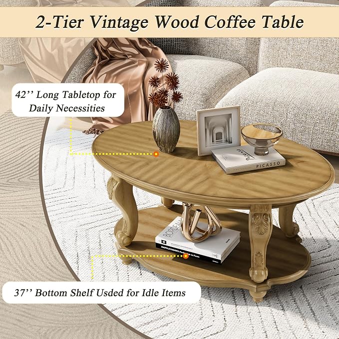 42'' Oval Wood Coffee Table for Living Room, Mid Century Farmhouse Round Coffee Tables for Apartment, Easy Assembly Traditional Coffee Table Centre Table Retro Cocktail Table, Antique Natural