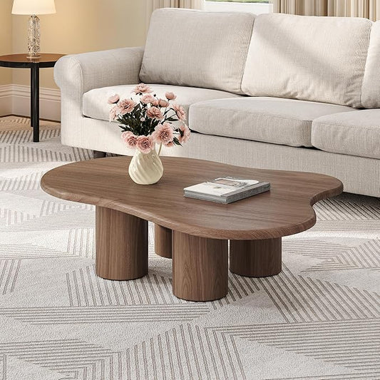Modern Coffee Table - 47" Small Coffee Table Cloud-Shaped for Living Room, Low Profile Wooden Center Table with Curved Edges for Small Spaces & Contemporary Decor