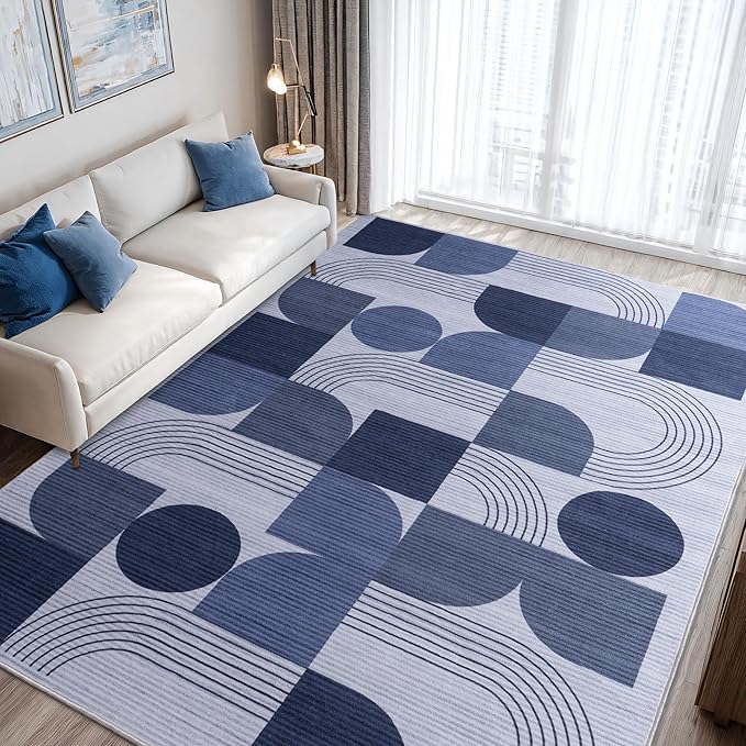 Large Machine Washable 4x6 Area Rug, Soft Modern Geometric Abstract Blue Rugs for Bedroom Living Room, Non-Shedding Faux Wool Indoor Throw Floor Carpet for Office Entryway Dining Room Decor