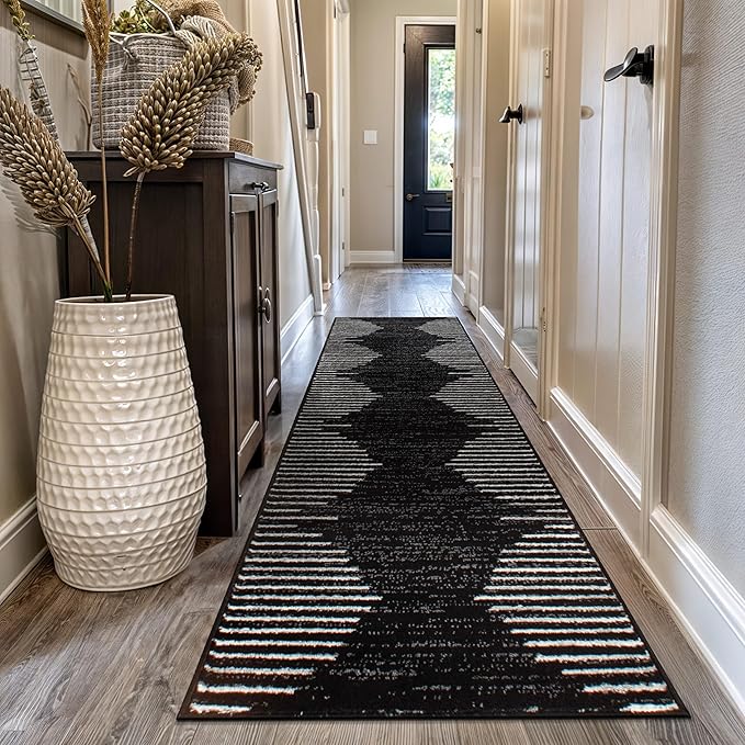 Rugshop Bohemian Stripe Stain Resistant High Traffic Living Room Kitchen Bedroom Dining Home Office Runner Rug 2'7" x 12' Black
