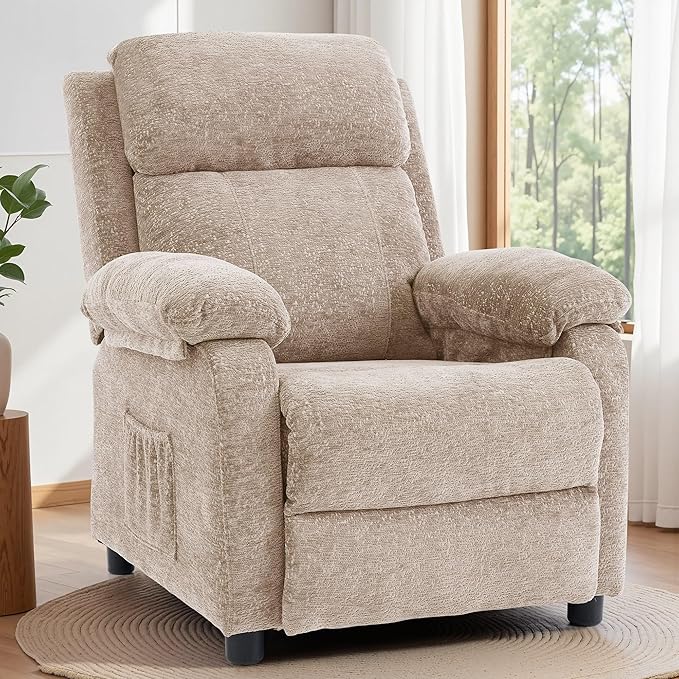 Korser Recliner Chair, Living Room Chairs for Adults, Padded Deep Seat Reading Chair with Side Pockets, Small Recliners for Small Spaces, Lounge Chair for Living Room, Bedroom, and RV (Chenille)
