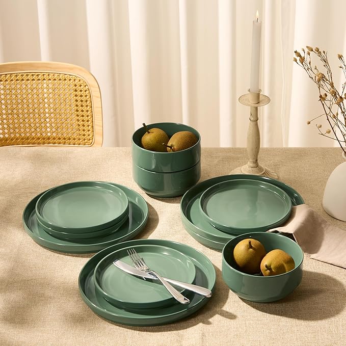 Vase and Vessel Ceramic Dinnerware Set, 12-Piece Service for 4, Round, Microwave and Dishwasher Safe, Cambridge Classics (Dusty Jade)