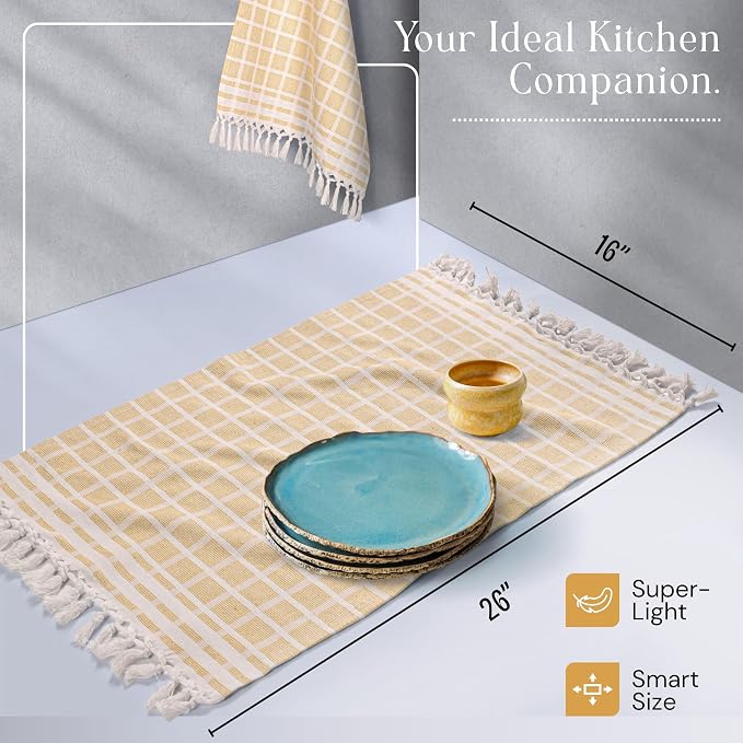 Matrix Dobby Kitchen Towels 4 Pack 100% Cotton, 16x26 Inches, Decorative Tea Towels with Handmade Tassels, Absorbent Washable Wash Cloths for Kitchen Drying - Mustard Yellow, Natural