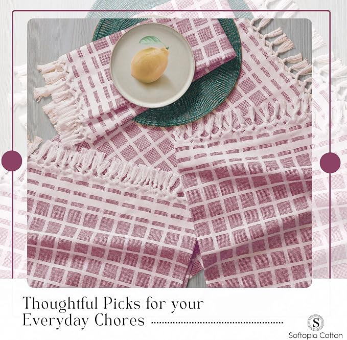 Matrix Dobby Kitchen Towels Set of 12, 100% Cotton, Combo Pack, 16"x26", Absorbent Tea Towels with Handmade Tassels, Reusable Cleaning Cloths - Rose Pink, Burgundy, Mustard Yellow
