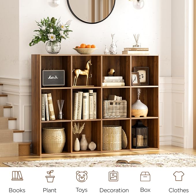 VDNEND Wooden Storage Organizer with Closed Back Panel, 11in Cube Shelf Opening, Bookshelf, Display Shelf,Closet Cabinet for Home and Office (Brown, 12-Cube 35.98L*9.45W*47.72H)